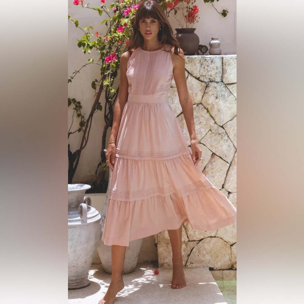 Pampelone Perle Cotton Midi Dress Sz Medium Blush Tiered Boho